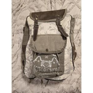 Clea Ray Upcycled Canvas Motorcycle Backpack Floral Leather Trim Boho Rucksack